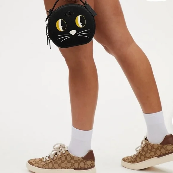 Coach Black Leather Cat Motif Round Crossbody with Yellow Eye Accents - Picture 3 of 11